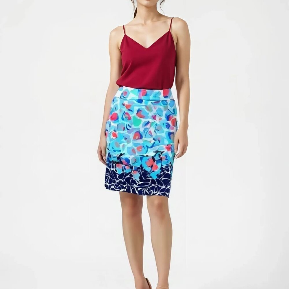 Ann Taylor Black Label Teal Blue Coral Floral Straight Pencil Dress Skirt 4P